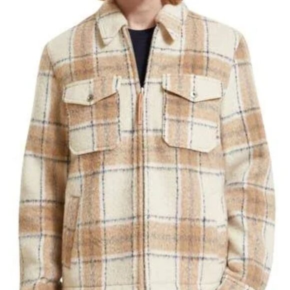 NEW SCOTCH & SODA Wool Blend Zip Thru Check Overshirt white/camel for men 864tn - Picture 2 of 9